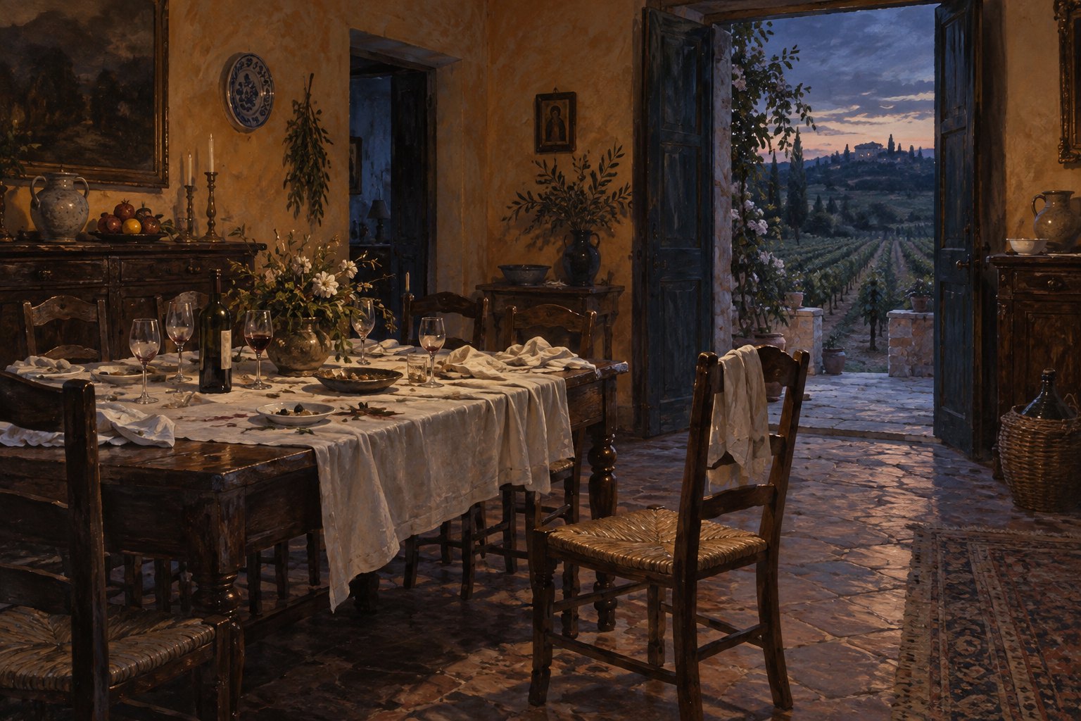 Conceptual illustration of an empty Spanish dining room after a celebration, with a vineyard beyond the open doorway.