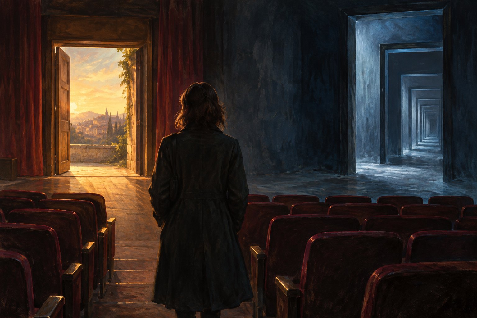 A woman stands in an empty theater between a warmly lit exit and a cold corridor of repeating doorways.