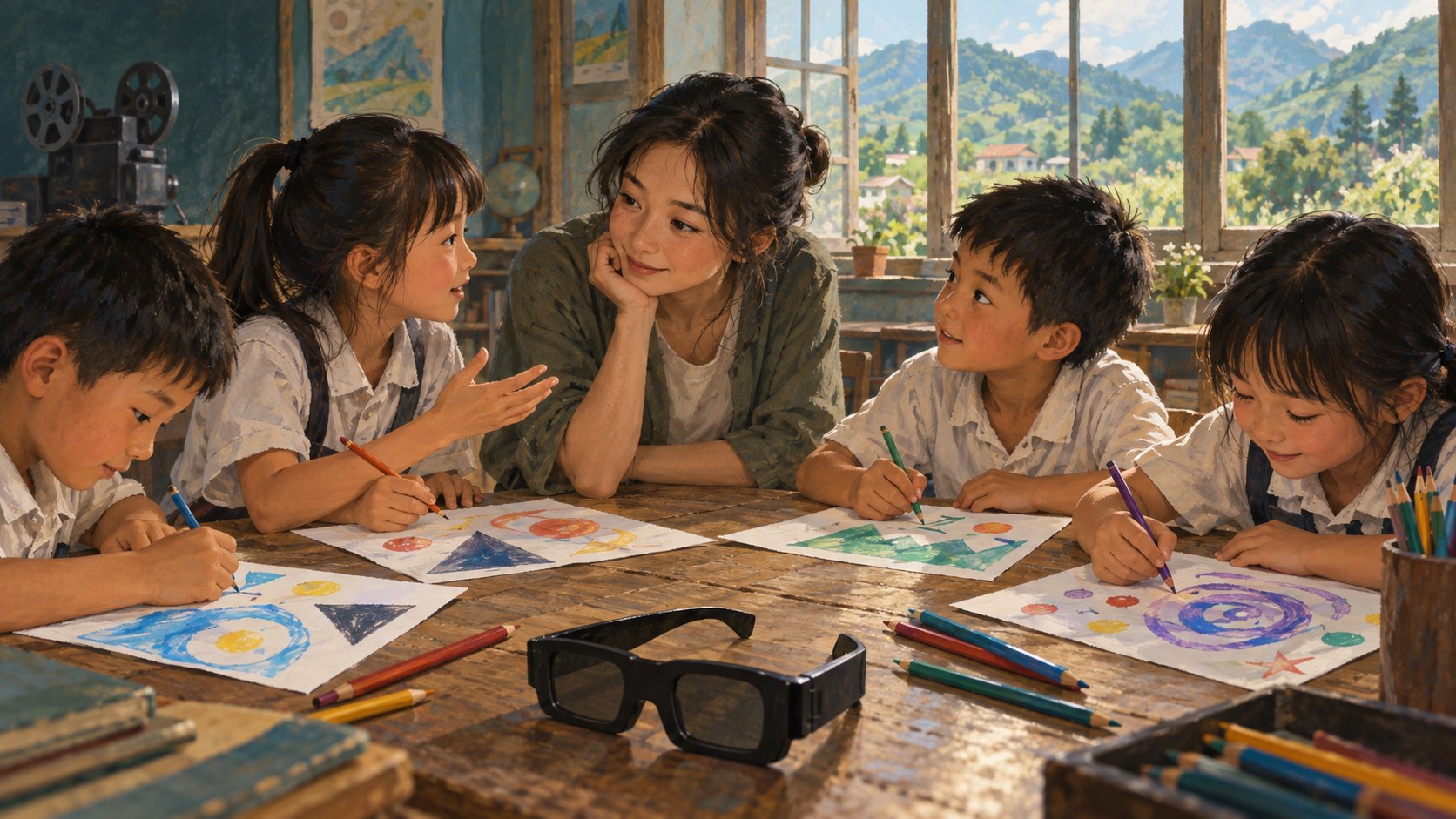 學童在老師陪伴下畫出觀影想法，桌上放著3D眼鏡，為映後活動概念示意插畫