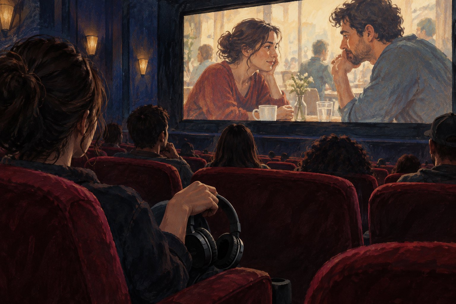 Editorial illustration of a theater audience watching two fictional characters in conversation, with a viewer holding headphones in the foreground.