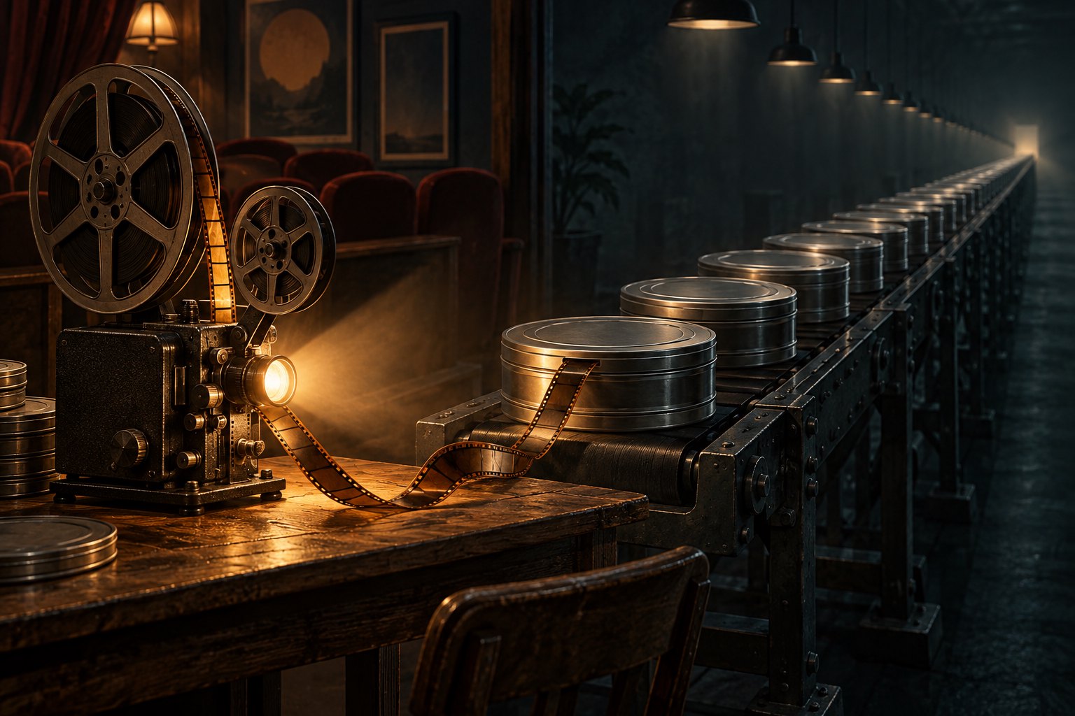 A glowing film projector and unspooling film strip face rows of identical metal film canisters in a dark cinema.