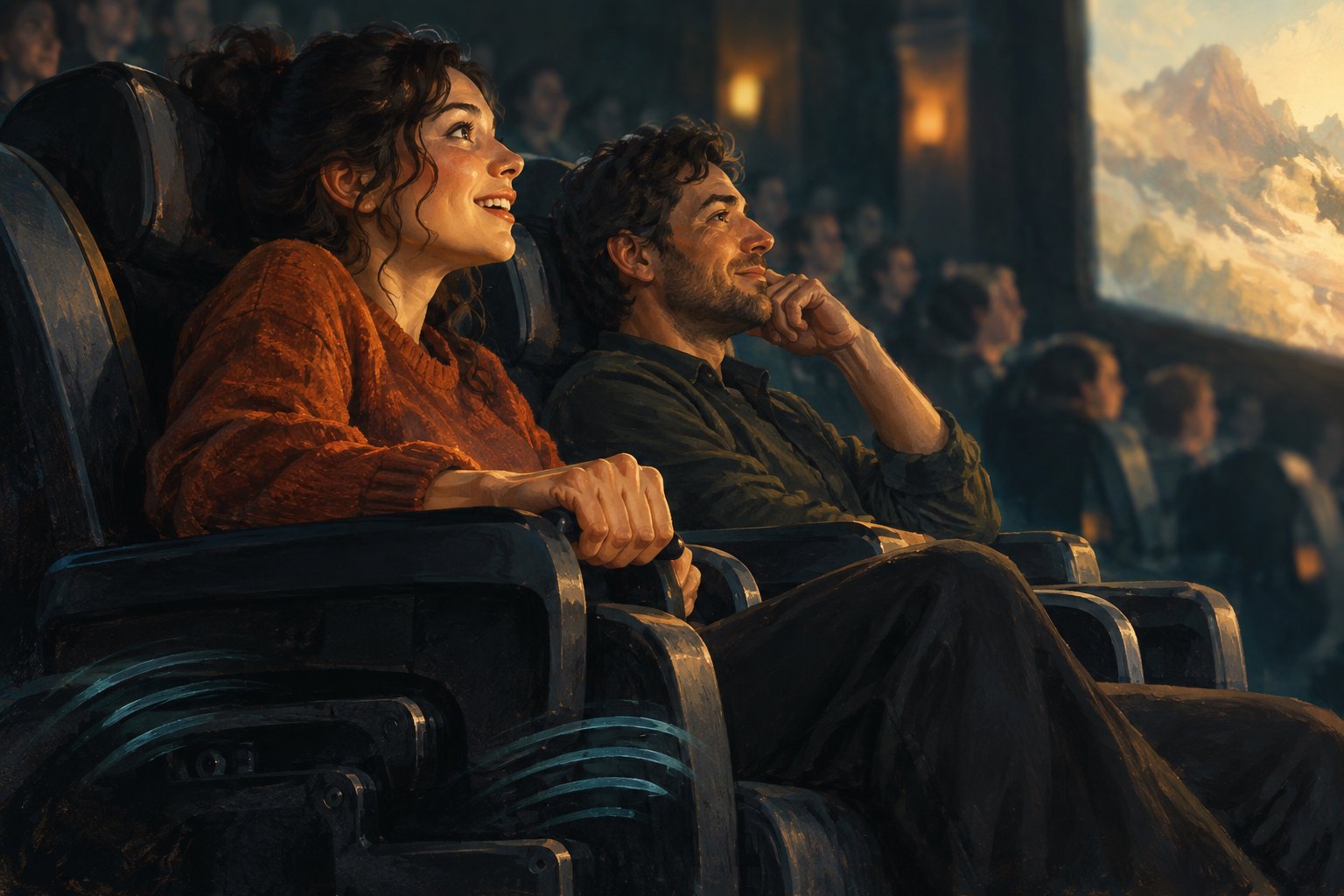 Illustration of two moviegoers in padded cinema seats, one gripping an armrest excitedly while the other watches thoughtfully.