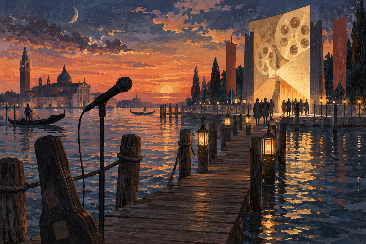 Editorial illustration of a microphone beside a Venetian waterfront jetty leading toward a glowing cinema at sunset.