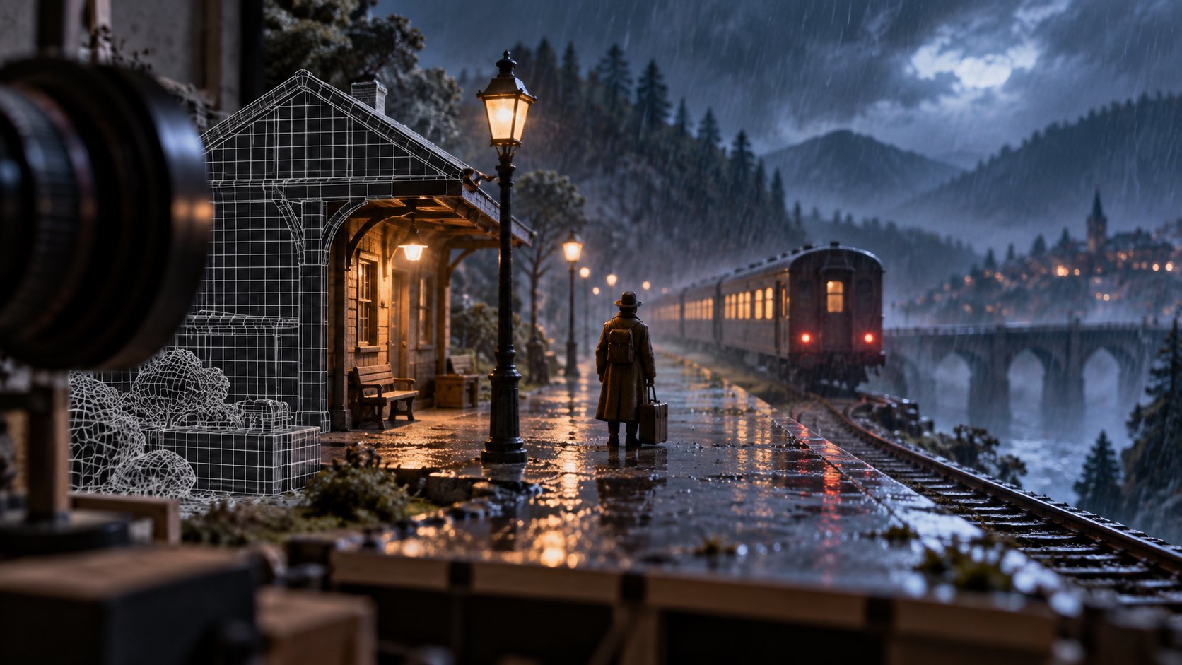 雨夜月台上的虛構旅人望向遠去列車，微縮場景與線框呈現特效如何襯托人物情緒，非電影劇照。