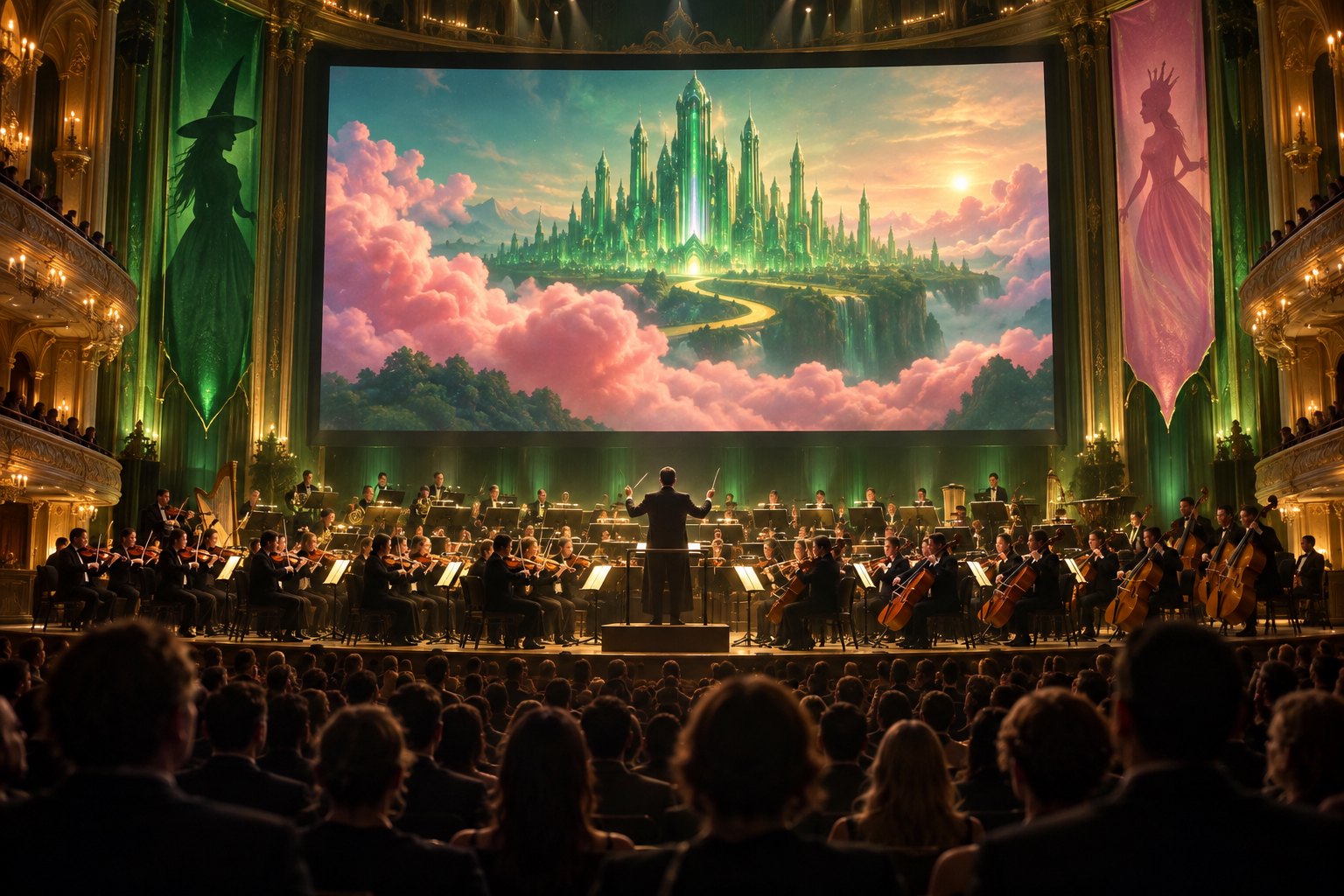 An imagined concert hall with an orchestra beneath a cinema screen displaying an emerald fantasy city amid pink clouds.