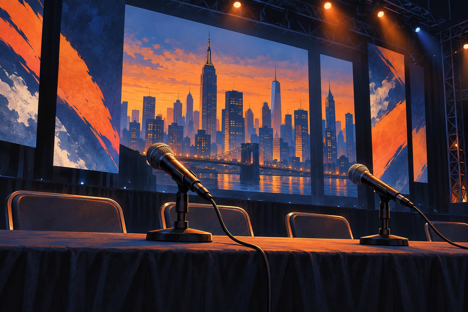 Conceptual illustration of microphones and empty chairs on a convention stage against an orange and blue New York skyline.