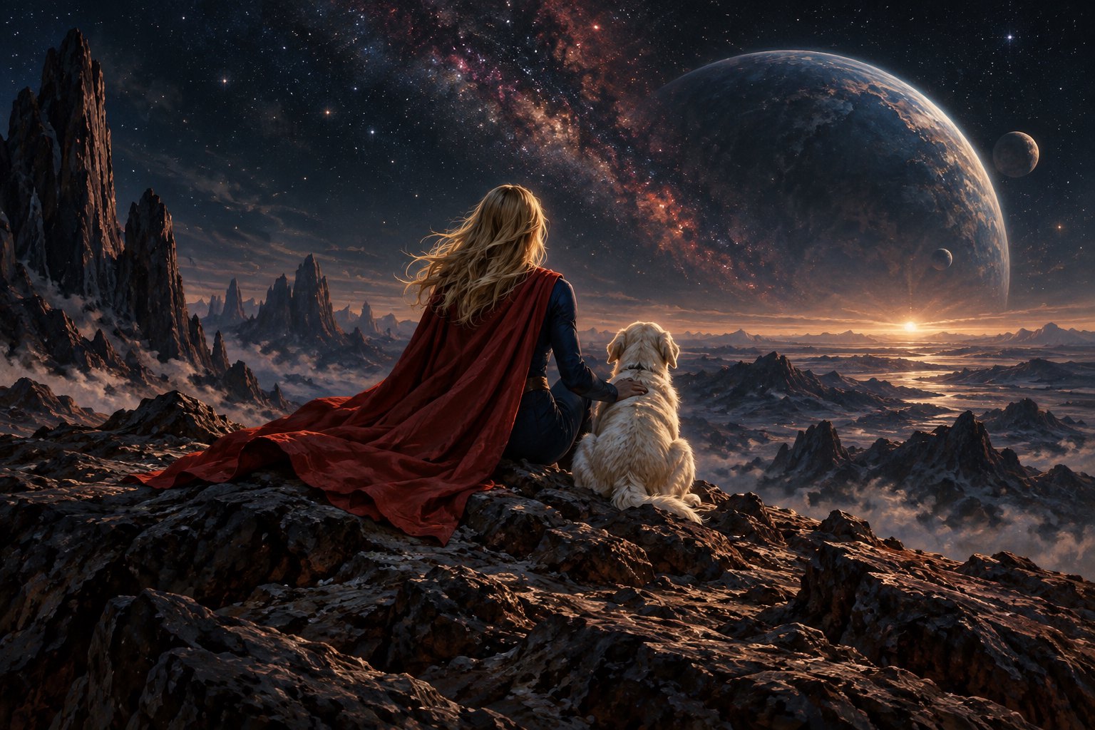 主题插画：披红色披风的金发女子与白犬坐在外星山脊上，眺望星球与银河