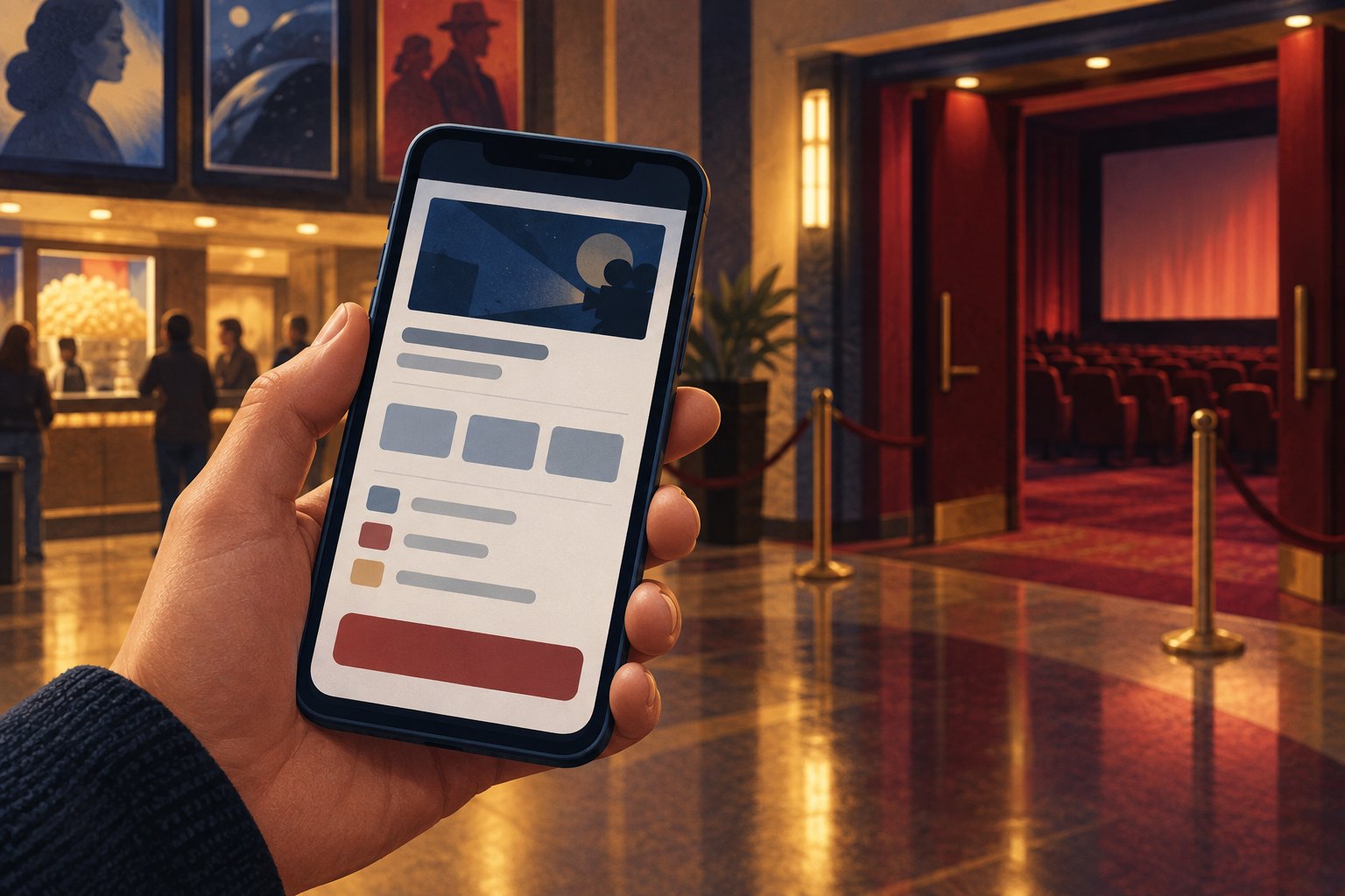 Editorial illustration of a hand holding a smartphone with an abstract booking interface in a warmly lit cinema lobby.