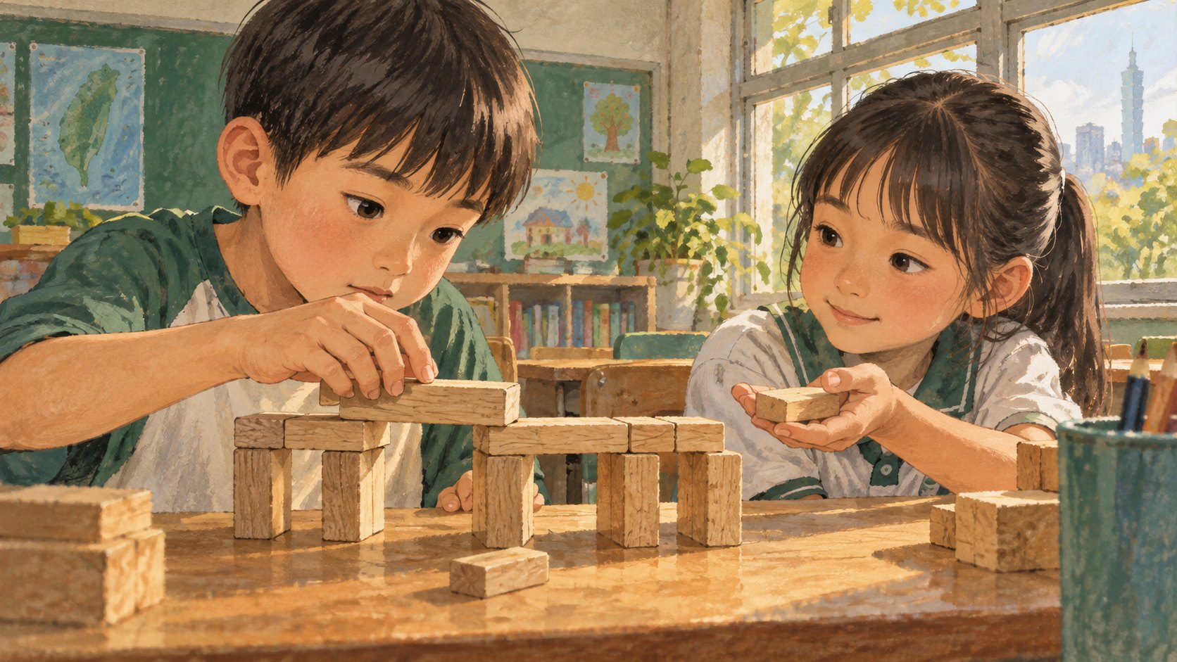 概念插畫：孩子重新搭建積木橋，同伴伸手提供積木，呈現嘗試與互助，非活動實景