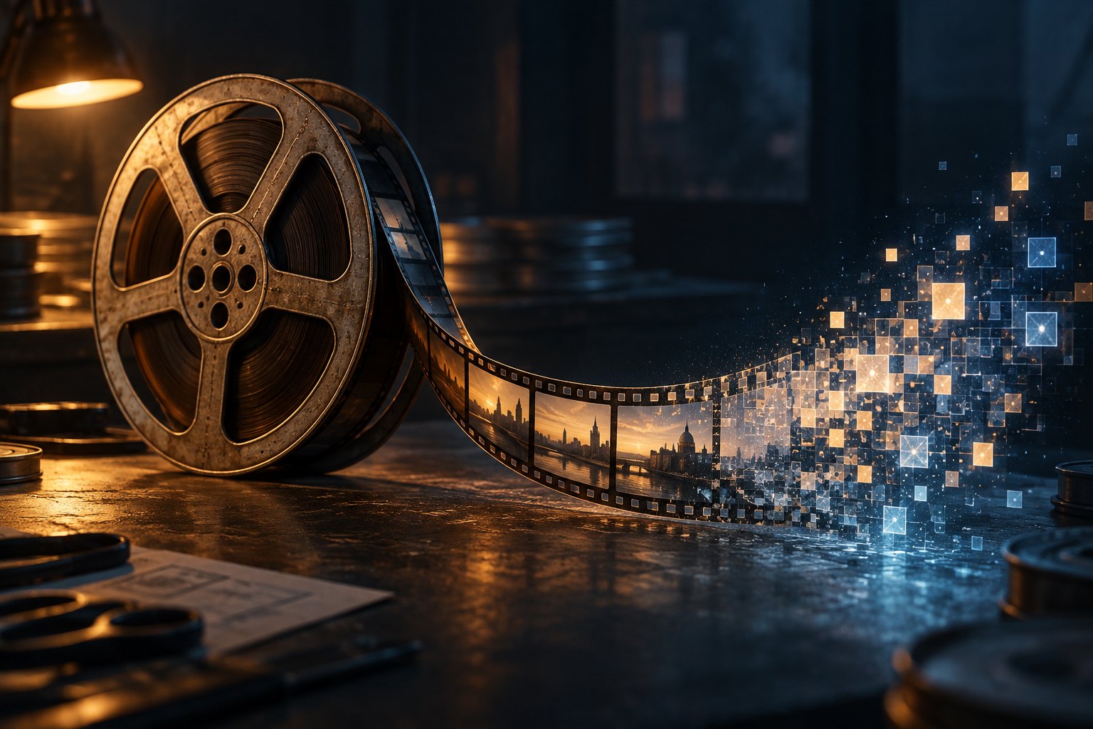 Conceptual illustration of a film reel with a strip of film dissolving into glowing digital squares.