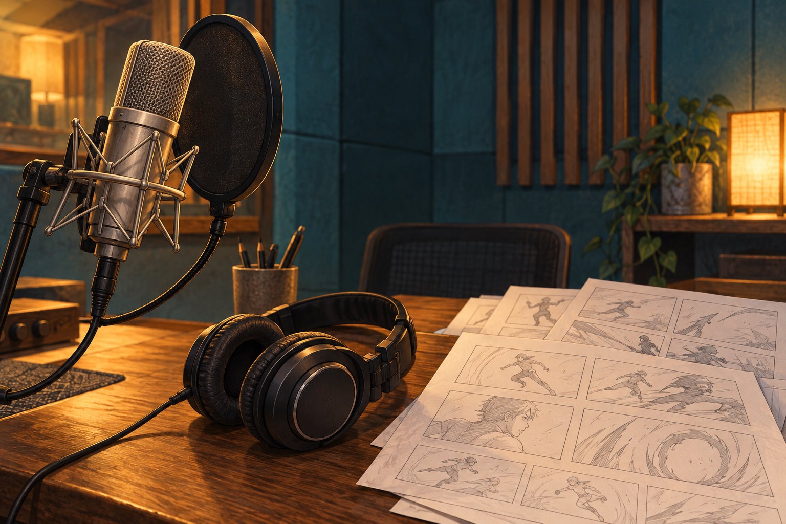 Conceptual illustration of a recording microphone, headphones, and storyboard sketches in a warmly lit studio.