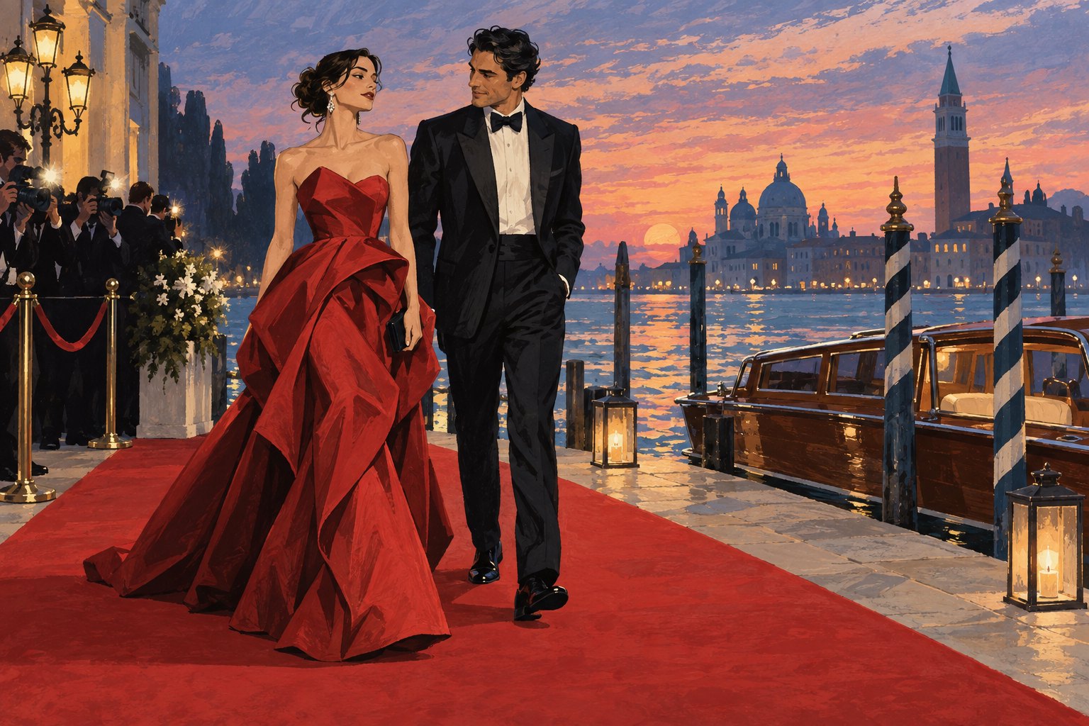 Conceptual illustration of fictional guests in a red gown and black tuxedo on a Venetian waterfront red carpet at sunset.