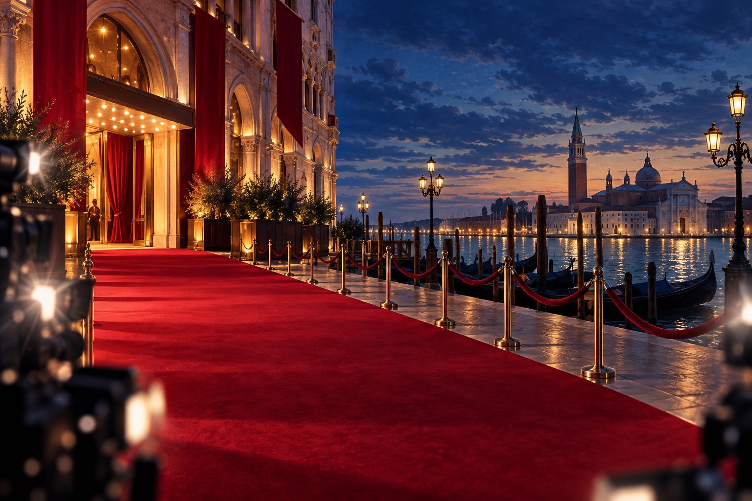 Conceptual illustration of a red carpet beside a Venetian waterfront at dusk, with glowing entrance lights and cameras in the foreground.