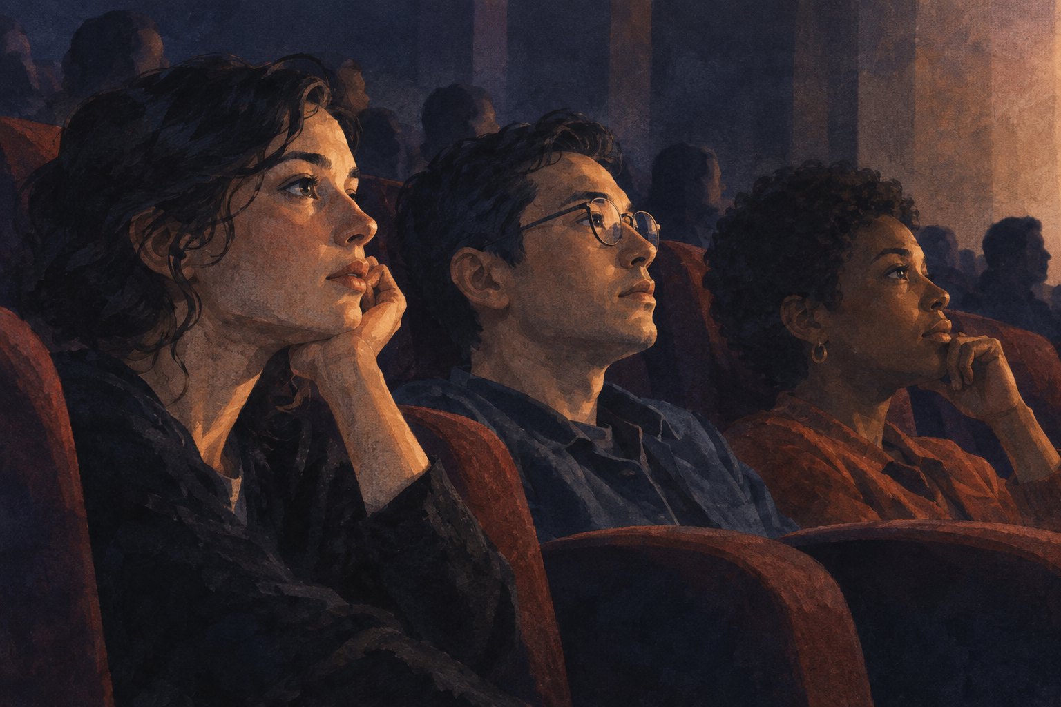 Painterly illustration of three attentive moviegoers with different expressions illuminated by an unseen screen.