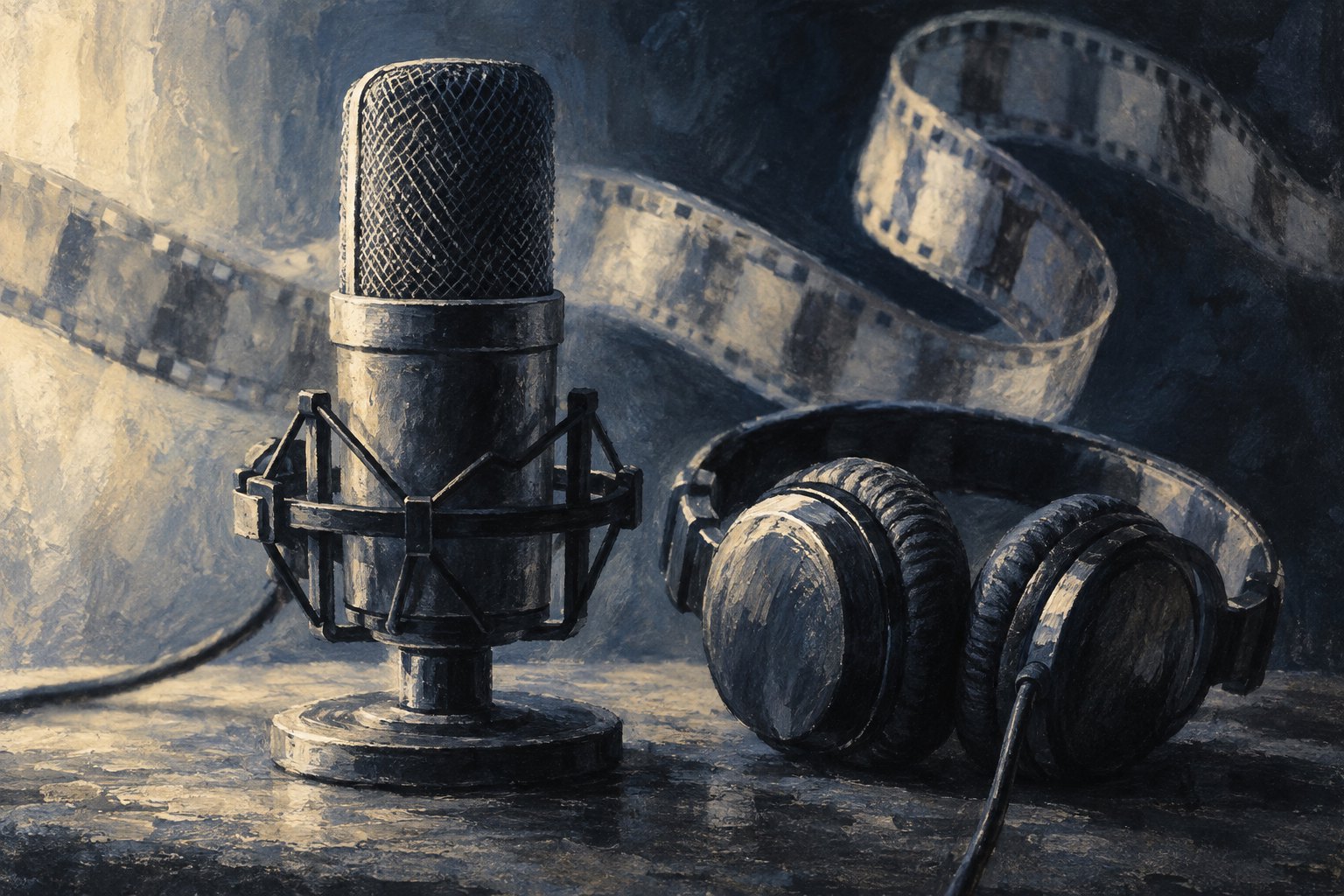 Conceptual illustration of a studio microphone and headphones with a looping filmstrip in blue and cream.