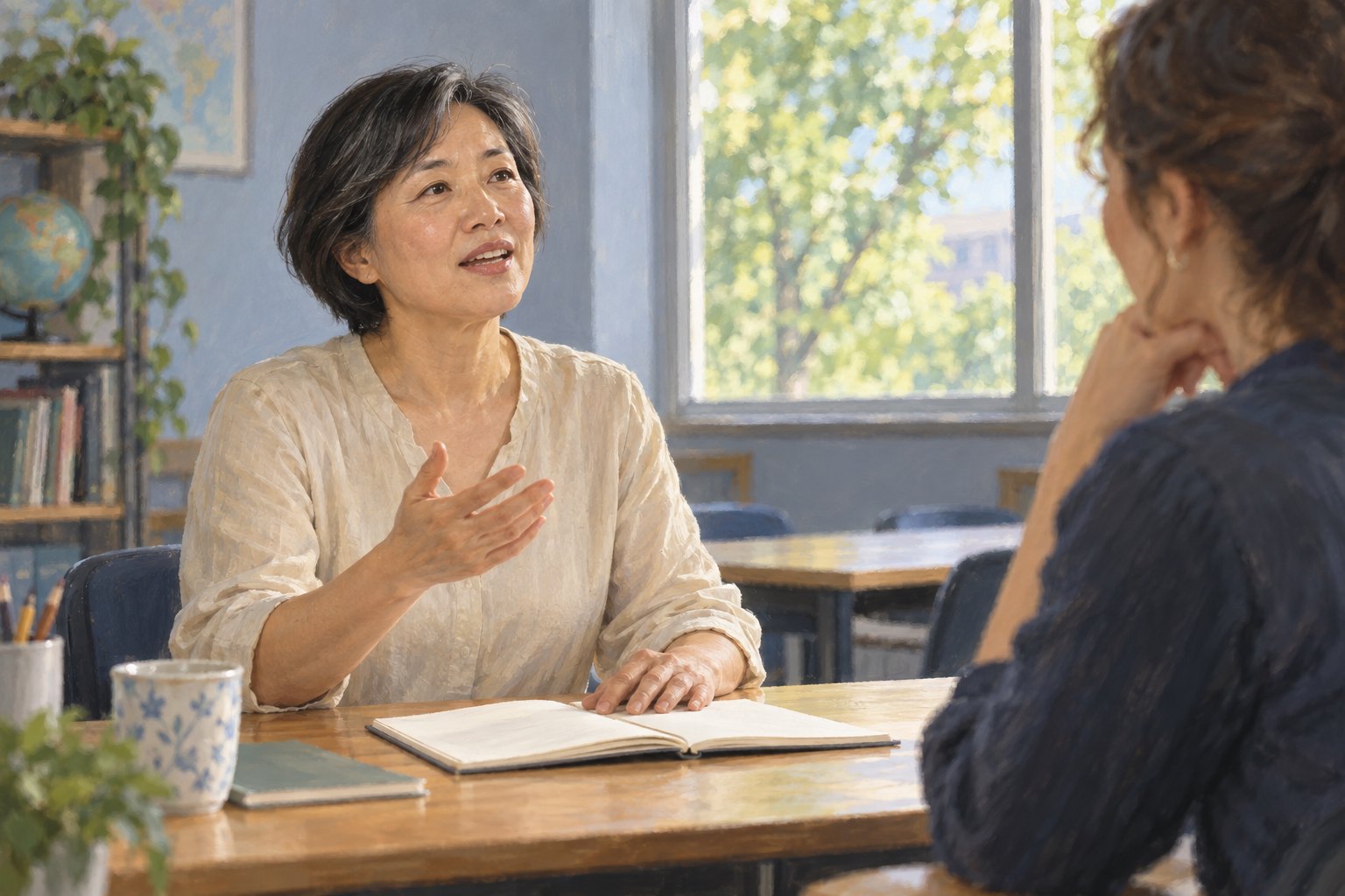 主题插画：中年东亚女性坐在明亮的语言教室里，面对倾听者练习表达