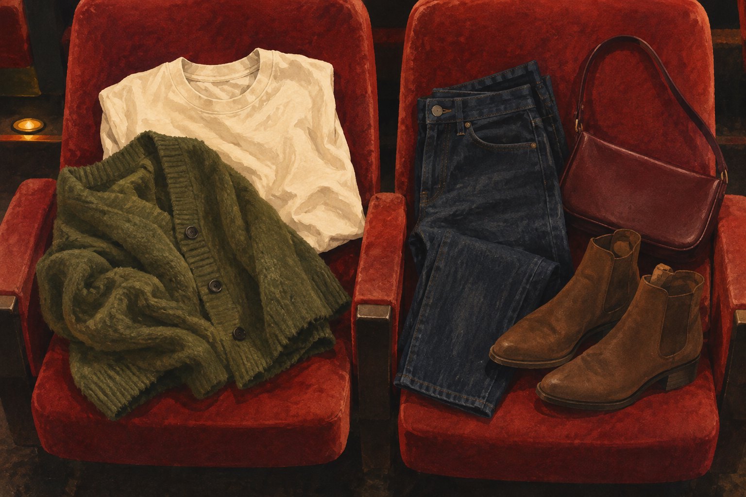 Illustrated autumn screening outfit with a cream T-shirt, green cardigan, dark jeans, brown boots, and burgundy bag arranged on red cinema seats.