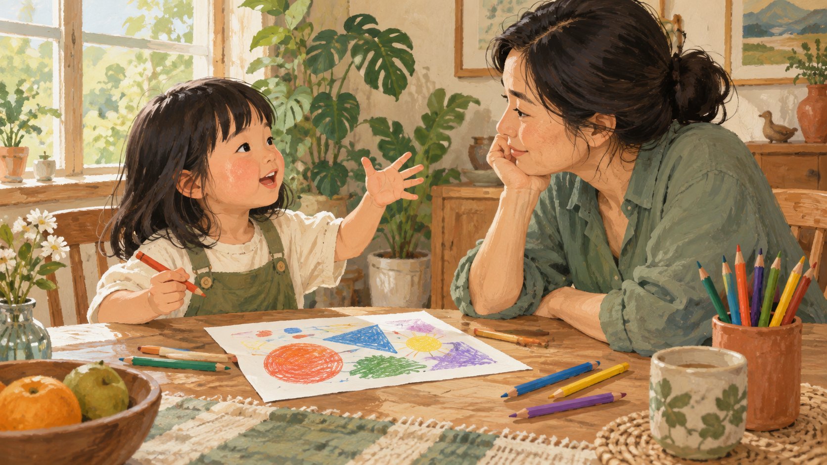 孩子在家中餐桌畫下觀影感受,大人專心聆聽分享的概念插畫,非活動現場紀錄