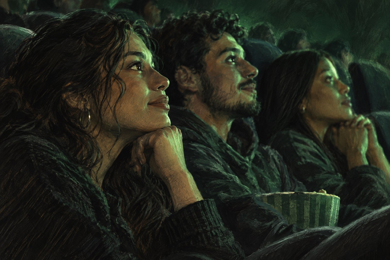 Conceptual illustration of three attentive moviegoers in profile, their faces illuminated by green screen light.