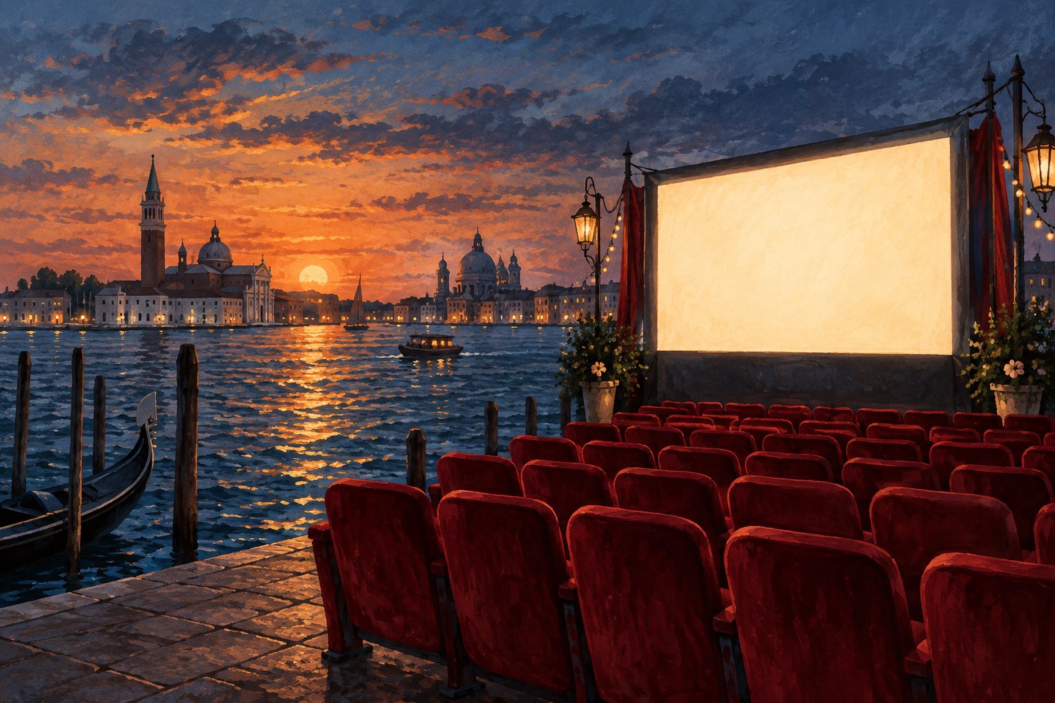 Conceptual illustration of red cinema seats and a blank outdoor screen beside the Venice lagoon at sunset.