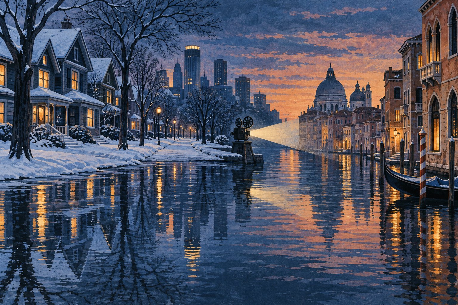 Conceptual illustration of a snowy Minneapolis-inspired neighborhood meeting a Venetian canal, connected by a projector beam at dusk.