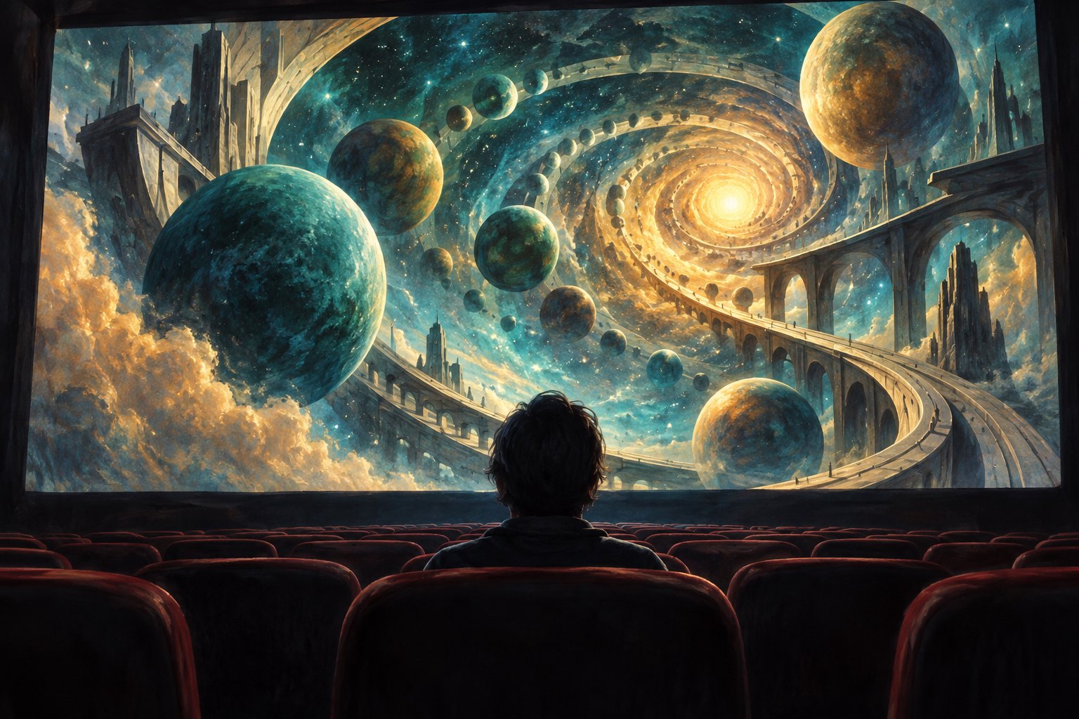 Conceptual illustration of a lone moviegoer watching a luminous spiral of planets and impossible architecture on a theater screen.