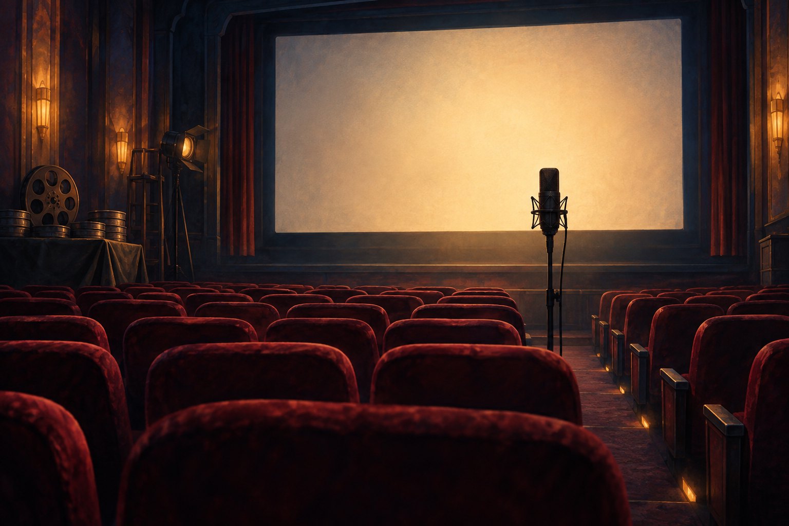 Conceptual illustration of a microphone standing before a blank screen in an empty cinema with burgundy seats.