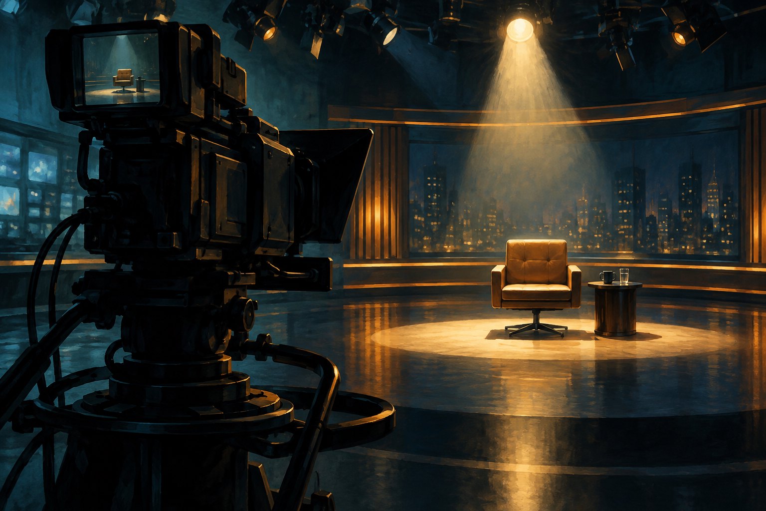 Conceptual illustration of a television camera facing an empty chair under a golden studio spotlight.