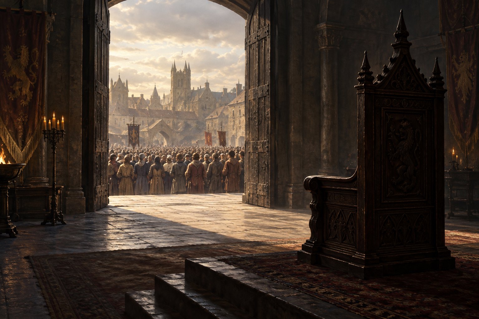 Conceptual illustration of an empty wooden throne facing a crowd of medieval villagers beyond an open stone doorway.