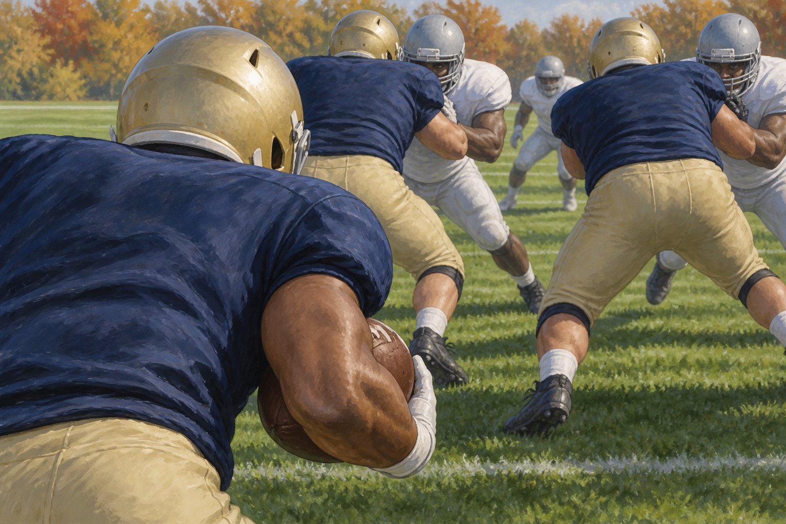 Editorial illustration from behind a running back as blockers engage defenders around a narrow opening.