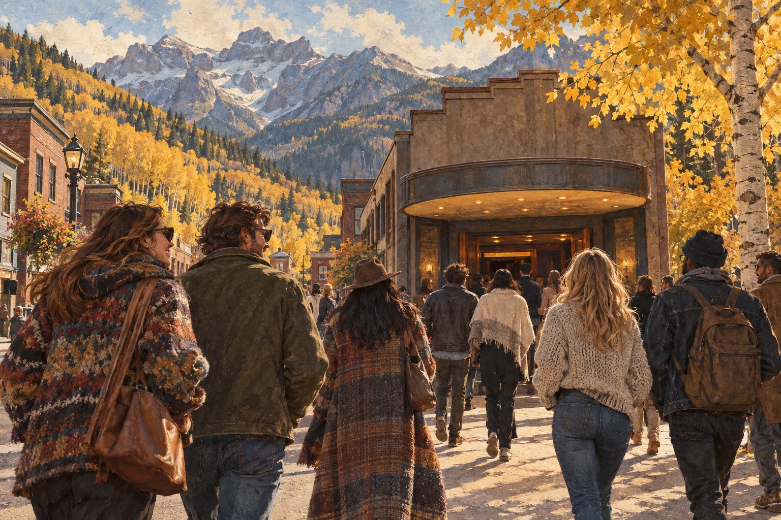 Conceptual illustration of moviegoers in autumn layers approaching a mountain-town cinema beneath golden aspens.