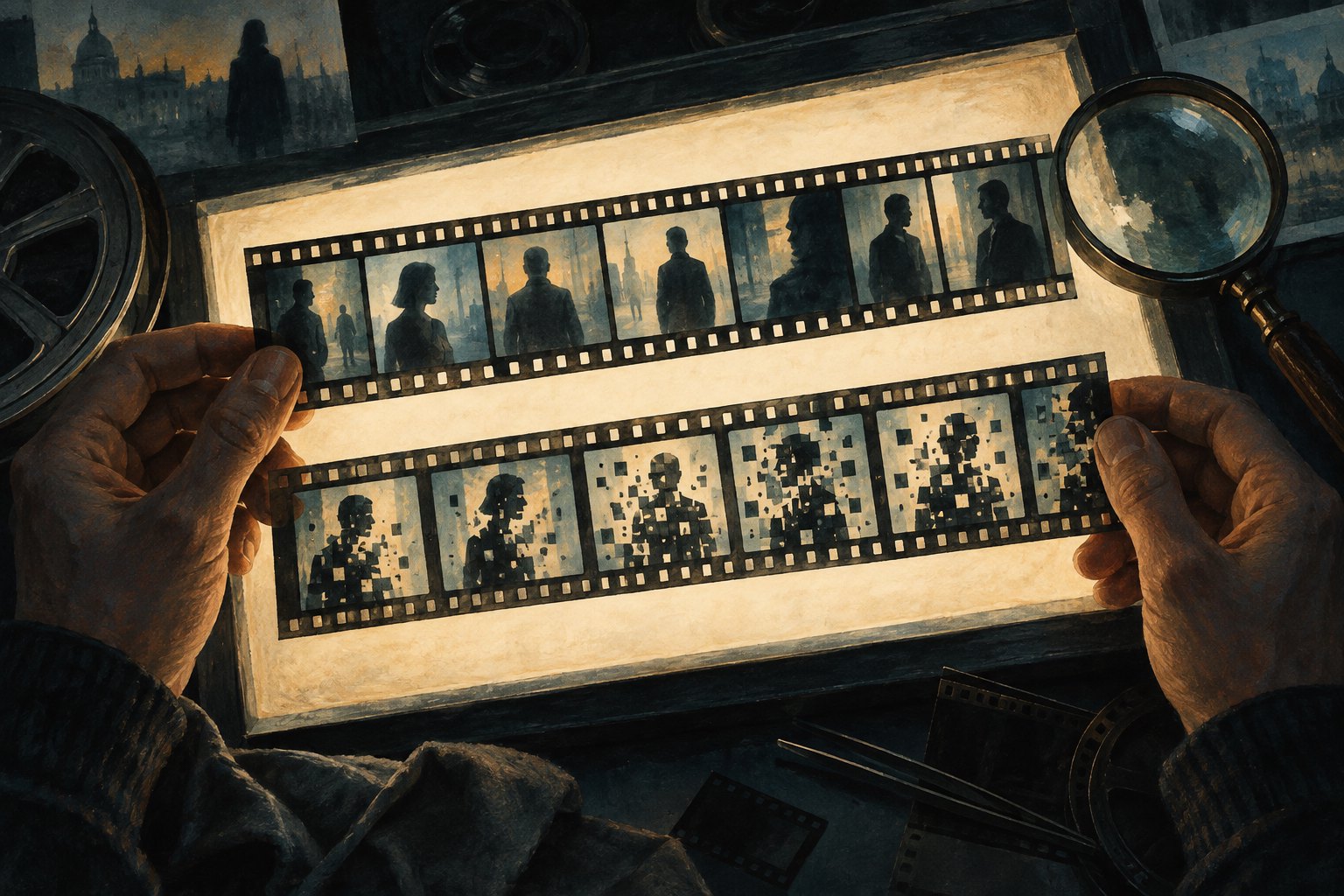 Conceptual illustration of hands comparing film strips with intact and fragmented silhouettes over an illuminated editing table.