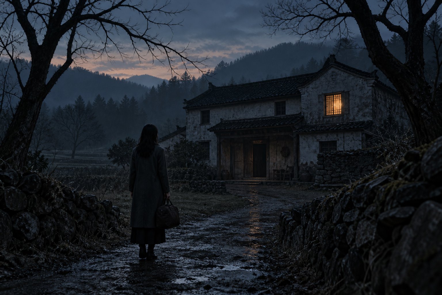 主题意象插画：暮色中，一名提着旅行袋的女性站在偏僻乡宅前，楼上窗户透出暖光