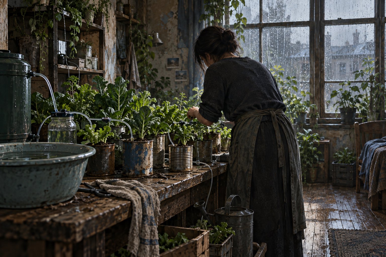 女性在旧住宅内照料盆栽蔬菜，回收容器与简易水管呈现日常求生的主题插画