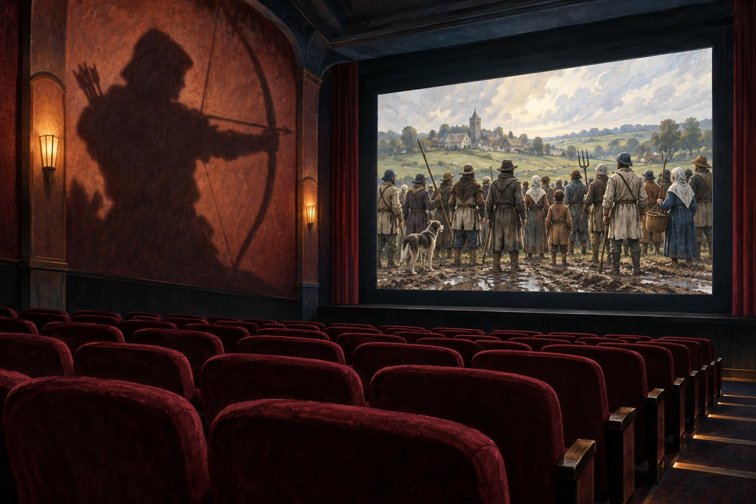Conceptual illustration of an empty movie theater showing medieval workers while a hooded archer’s shadow stretches across the wall.