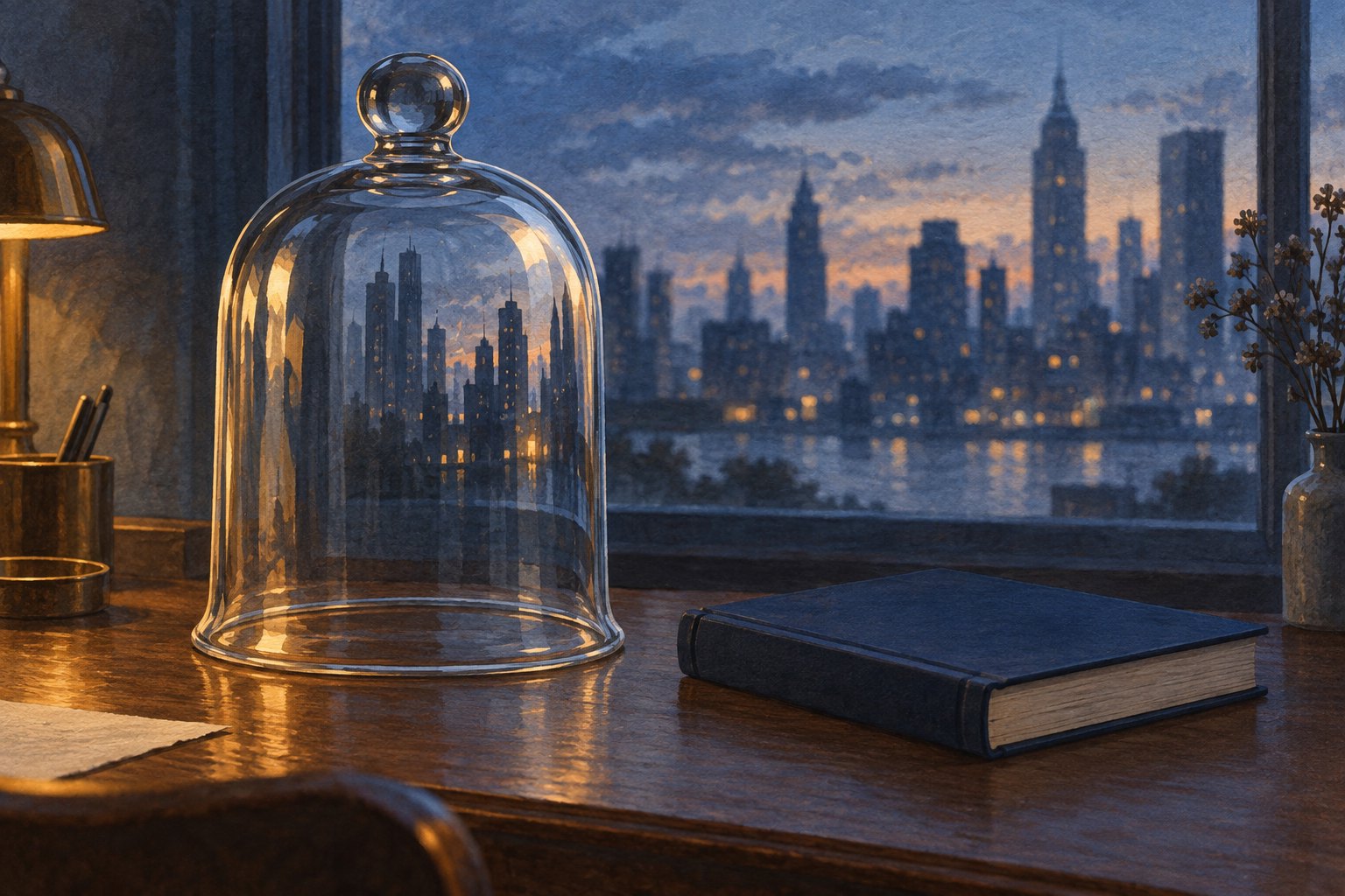 Painterly illustration of a glass bell jar reflecting a city skyline beside a closed blue book on a wooden desk.