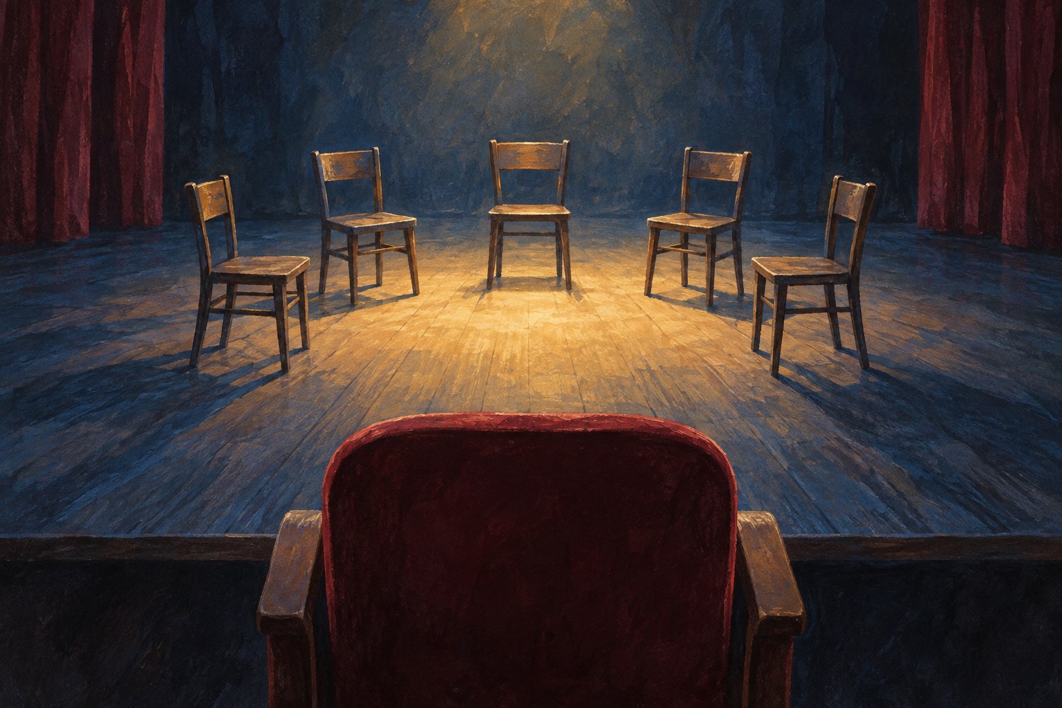 Painterly illustration of five empty wooden chairs under warm stage lighting, viewed from behind a red theater seat.