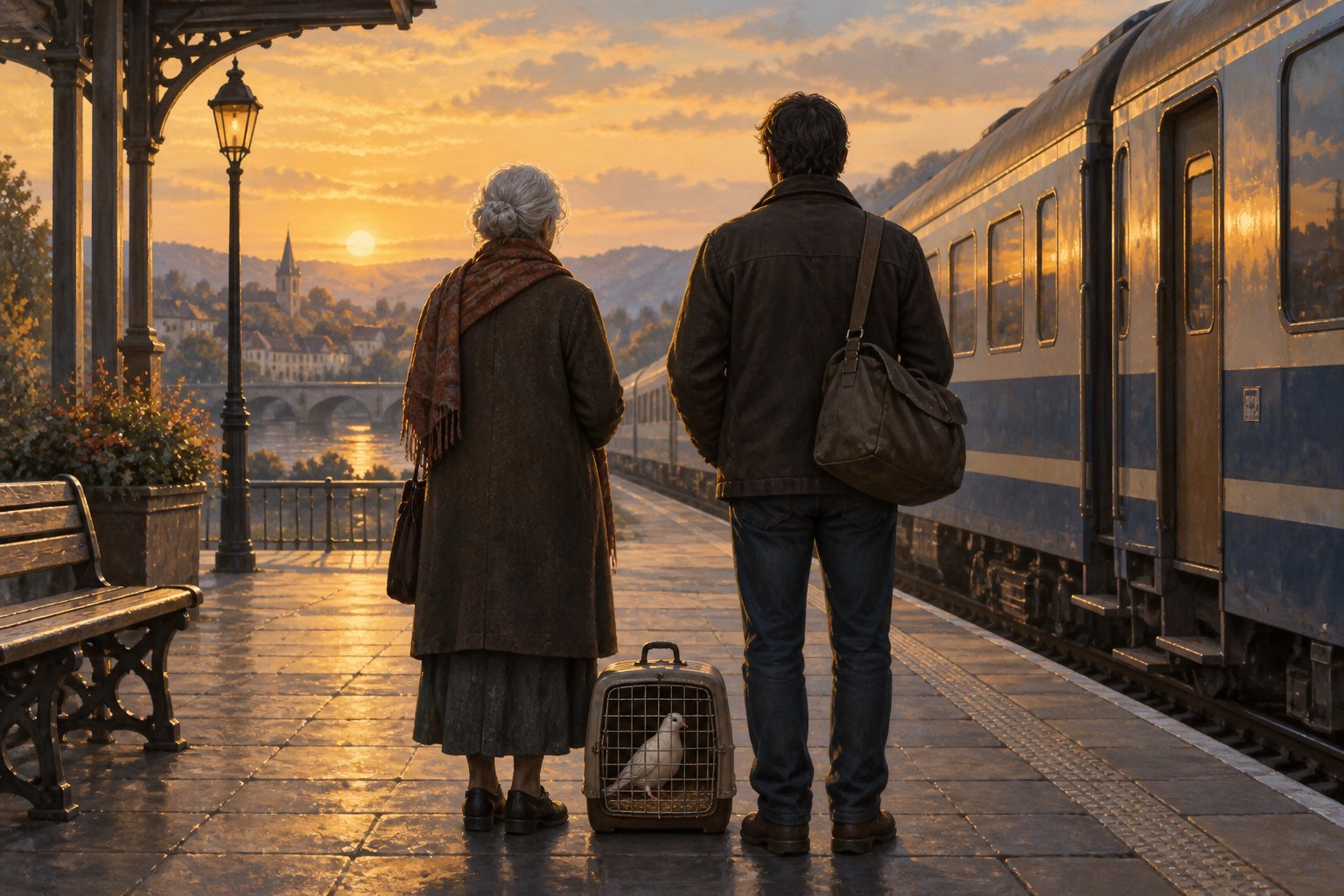 Conceptual illustration of an elderly woman and a middle-aged man beside a pigeon carrier on a sunlit railway platform.