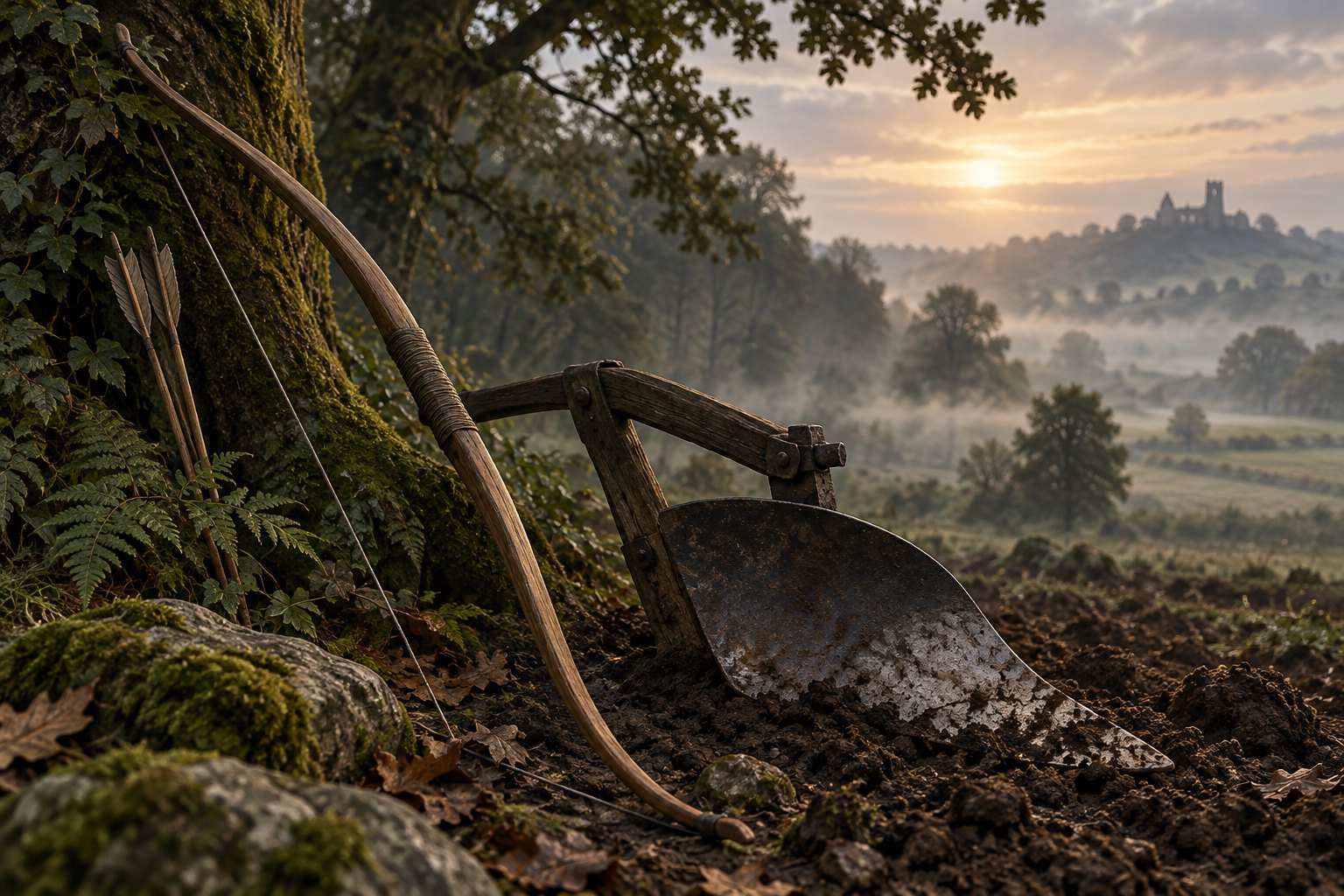 Conceptual illustration of a wooden longbow, arrows, and an iron plow beside a misty field at the edge of a woodland.