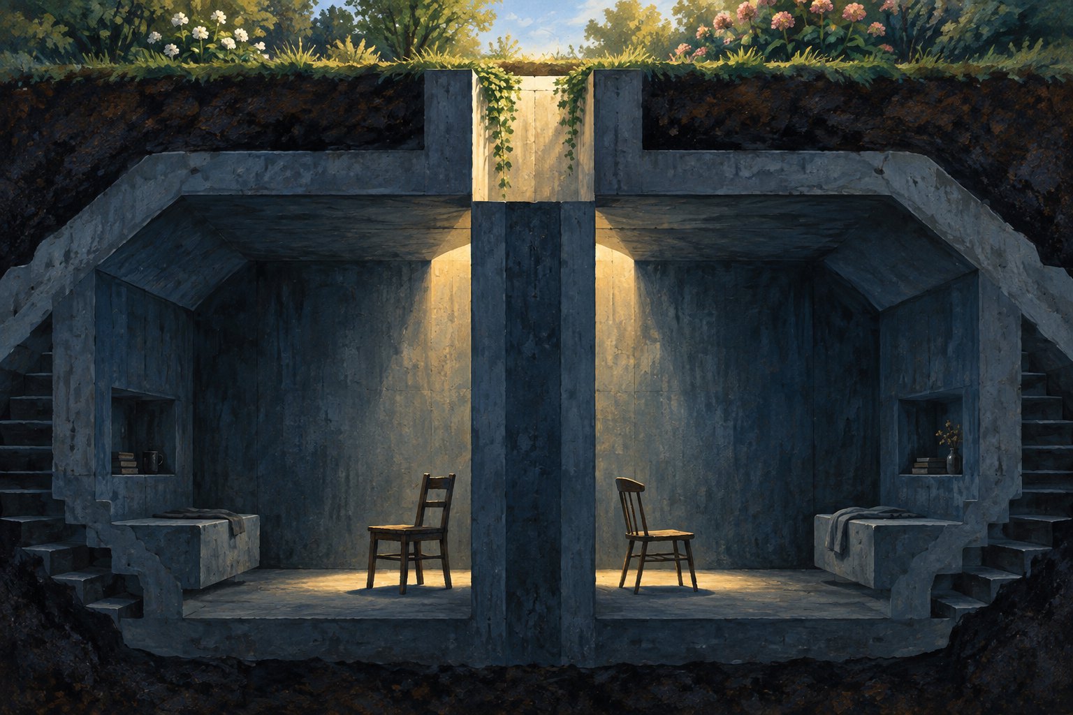 Conceptual illustration of two empty chairs separated by a concrete wall inside an underground refuge beneath a sunlit garden.