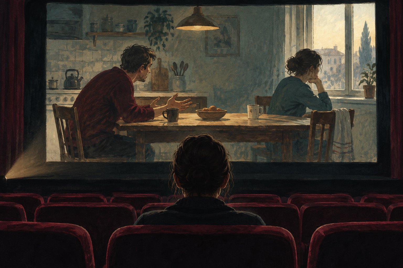 Illustration of a cinema viewer watching a fictional couple communicate across a kitchen table.