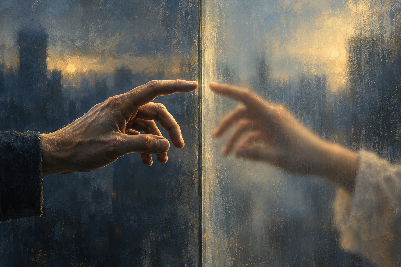 Conceptual illustration of two hands reaching toward each other across translucent glass in blue and golden light.
