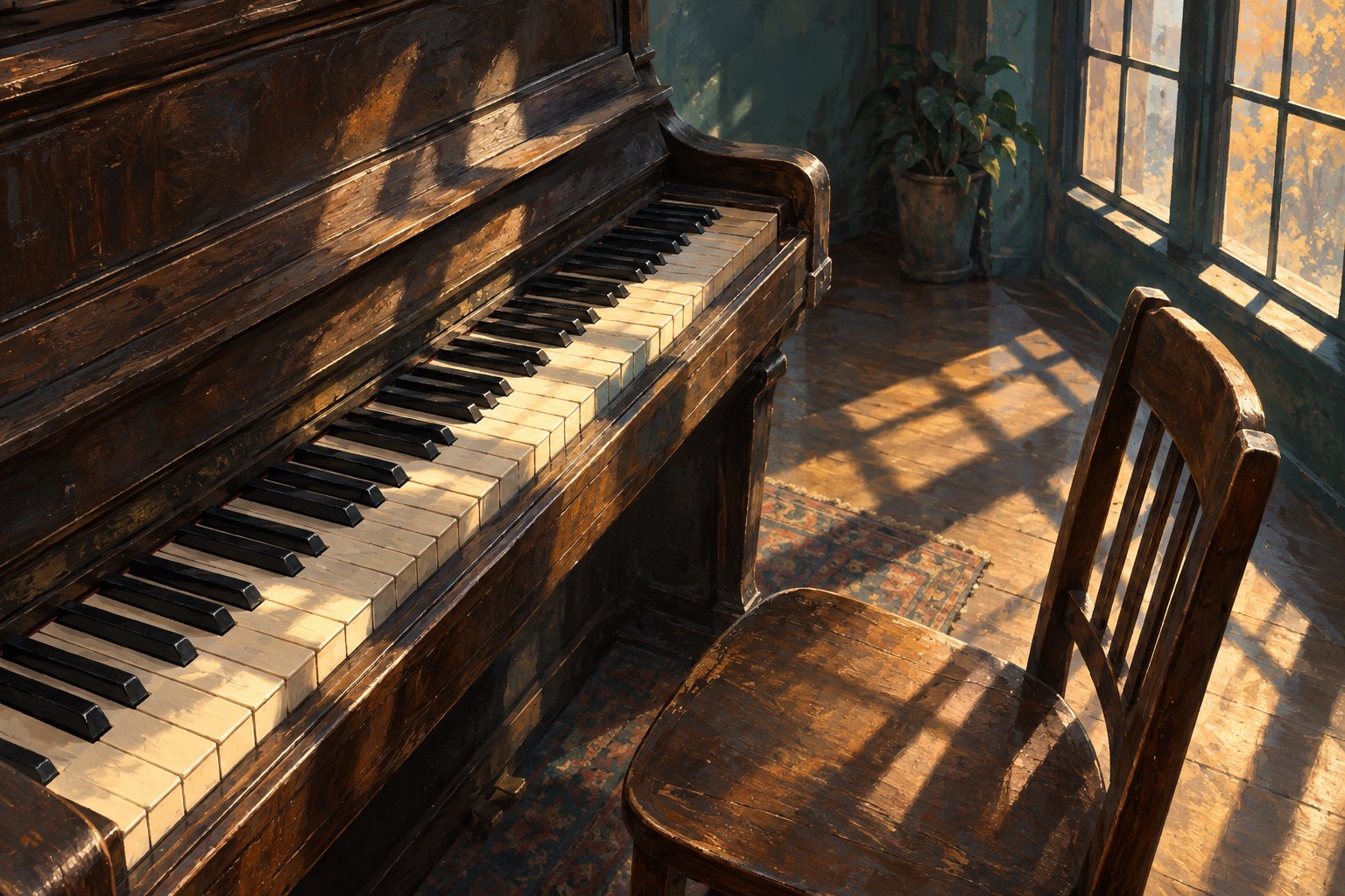 Conceptual illustration of a worn upright piano and an empty wooden chair in a sunlit rehearsal room.