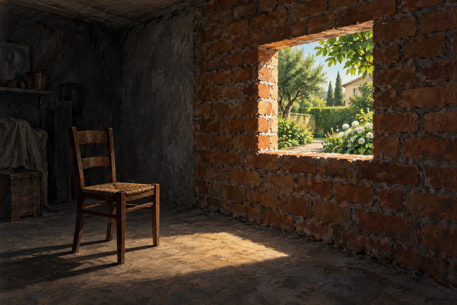 Conceptual illustration of sunlight entering a dark room through a brick opening overlooking a private garden, not a film still.