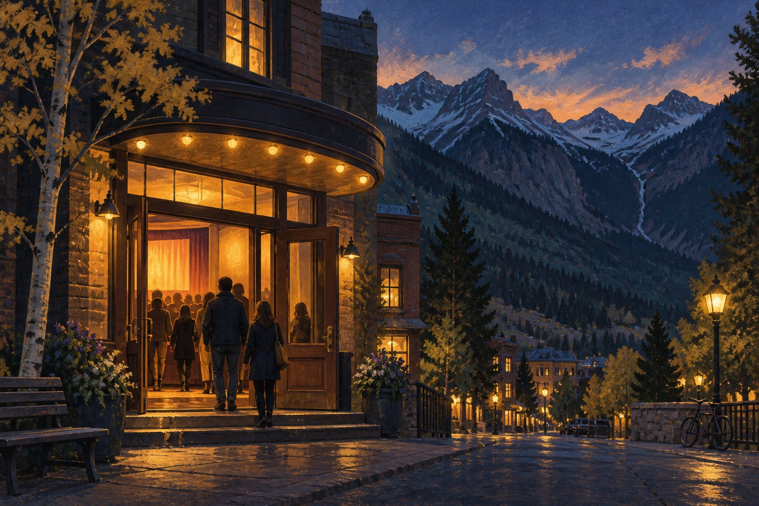 Painterly illustration of moviegoers entering an imagined mountain-town cinema beneath rugged peaks at dusk.