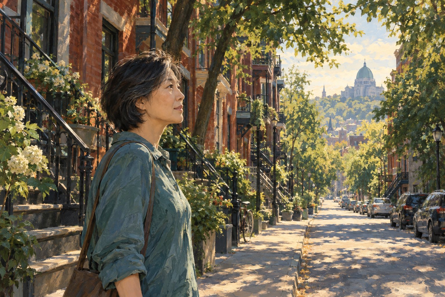 主题插画：一位中年东亚女性站在夏日蒙特利尔的红砖街道旁，望向阳光中的远处