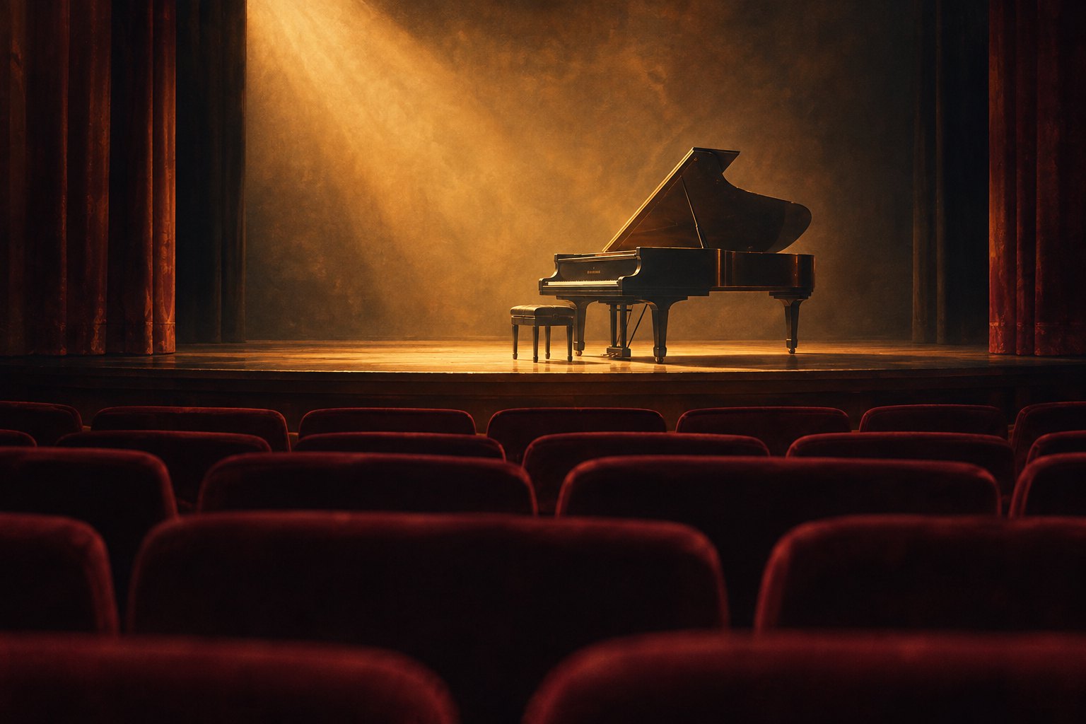 Conceptual illustration of a grand piano on an amber-lit stage beyond rows of empty burgundy theater seats.