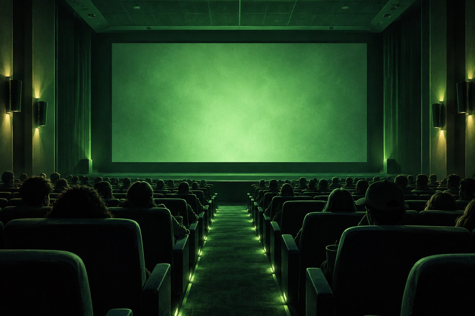 Conceptual illustration of an audience facing a softly glowing green screen in a dark movie theater.