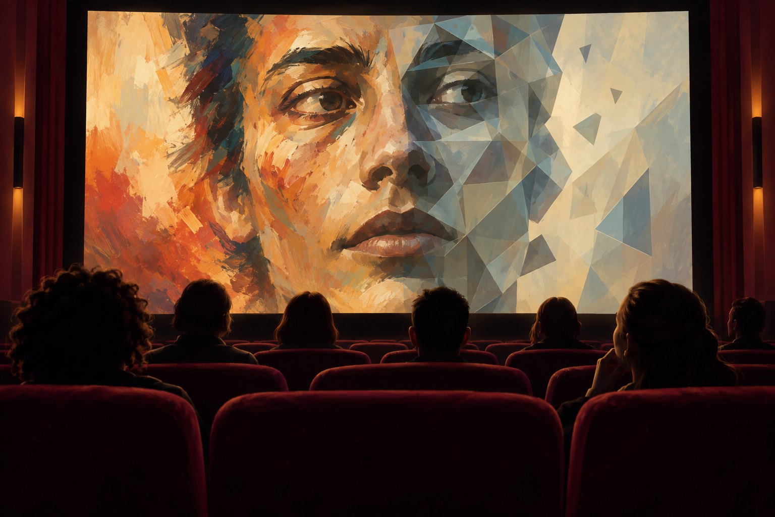 Conceptual illustration of a theater audience facing a fictional face divided between painterly brushstrokes and geometric facets.