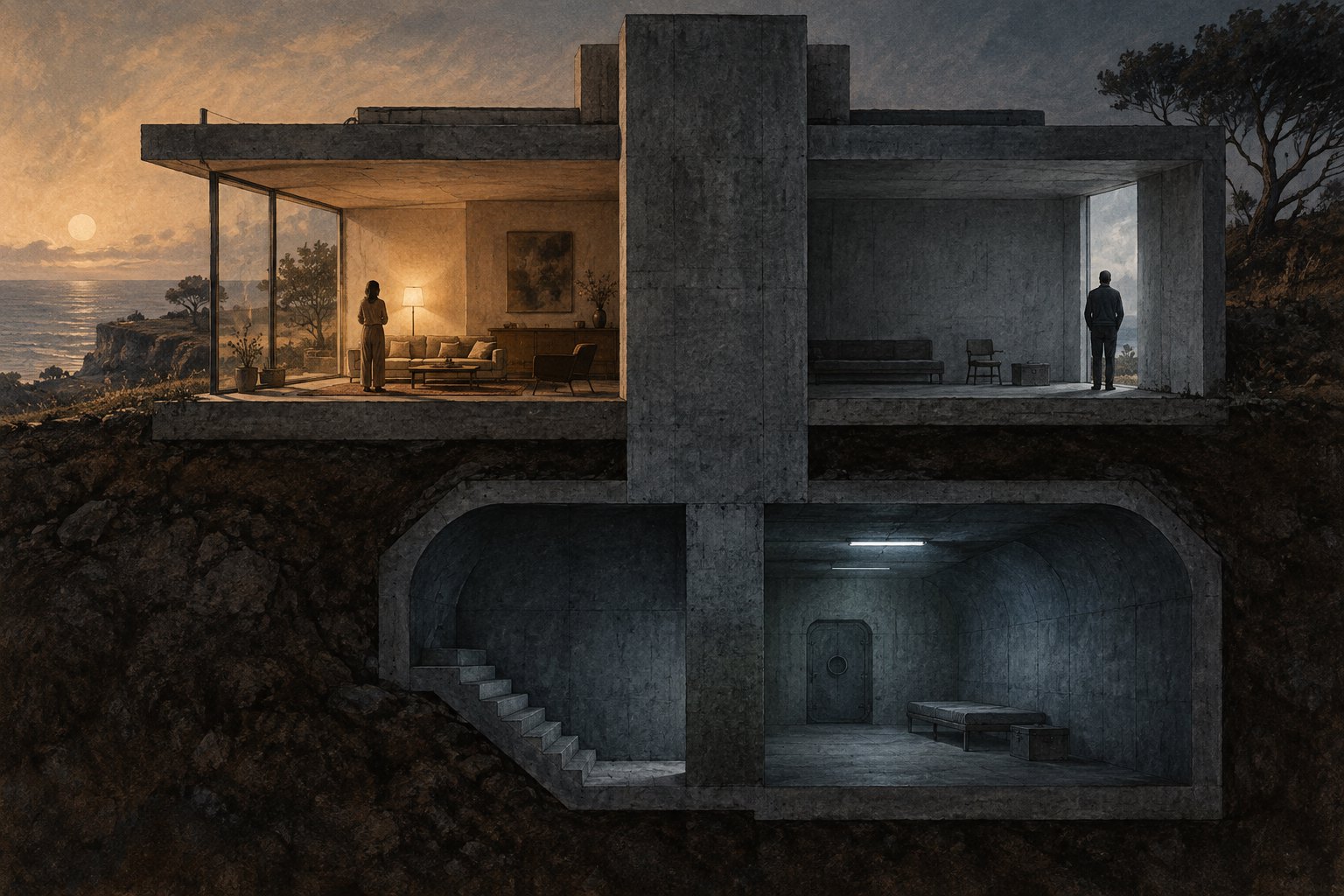 Conceptual illustration of two figures separated by a concrete wall above an underground shelter, not a scene from Bunker.